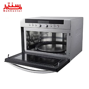 در جلوی دستگاه، یک صفحه کنترل دیجیتالی با دکمه های مختلف و یک صفحه نمایش دیده می شود. داخل مایکروویو، یک سینی گردان شیشه ای و یک المنت گرمایشی دیده می شود.